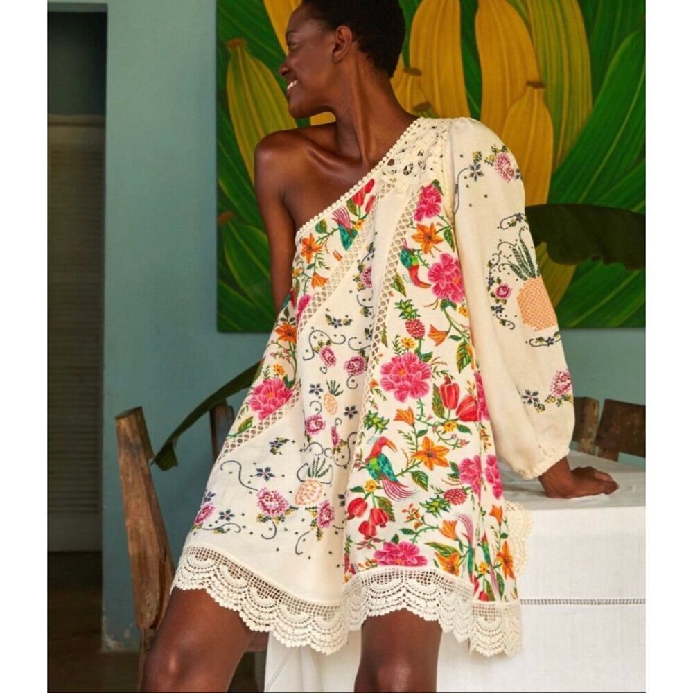 Farm Rio Toucan Garden Print Embroidered 1-Sleeve Mini Dress